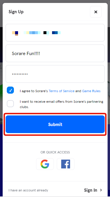 sorare（ソラーレ）：メール登録