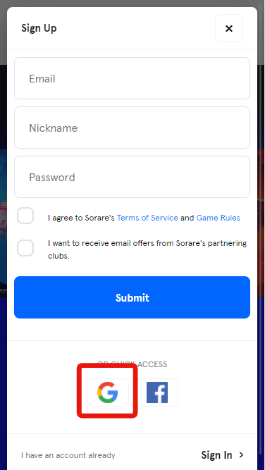 sorare（ソラーレ）：Googleアカウントで登録