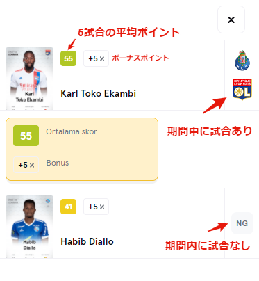 sorare（ソラーレ）：選手選択画面詳細